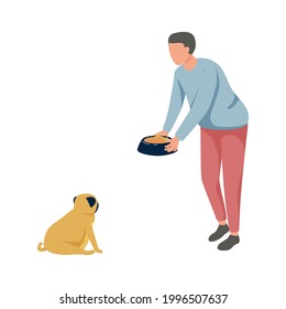 Flat icon with man feeding his pugdog vector illustration