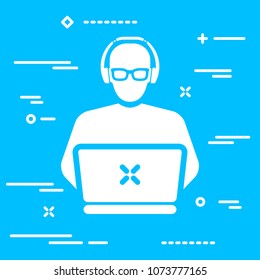 flat icon of man with glasses and headphones working at the laptop on blue background