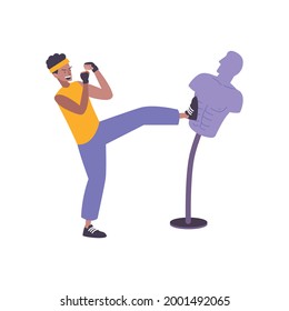 Flat icon with man reducing stress by boxing exercises vector illustration