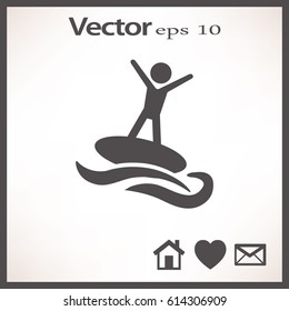 Flat icon. Man riding on water. Sports on the waves.