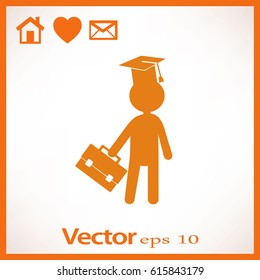 Flat icon. The man in the square academic cap with a briefcase.