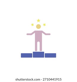 Ícone plano de um homem de pé em um pódio com três estrelas, simbolizando sucesso, liderança, motivação, ranking e realização. Perfeito para imagens de negócios, prêmios, treinamento e carreira.
