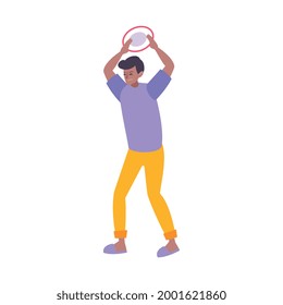 Icono plano con el hombre tratando de controlar el estrés rompiendo ilustración vectorial de platillos