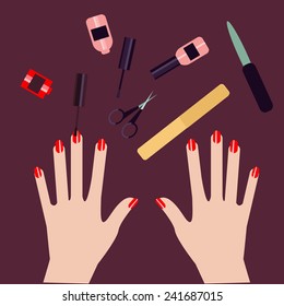 Flat icon of manicure. Manicure set. Flat icon of manicured nails. Vector flat design of manicure procedure. Manicure spa. Manicure elements. Manicure vector details. Flat illustration of manicure.