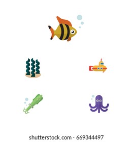 Flat Icon Marine Set Of Alga, Tentacle, Seafood And Other Vector Objects. Also Includes Tentacle, Octopus, Squid Elements.