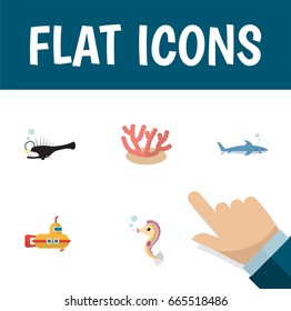 Flat Icon Marine Set Of Algae, Hippocampus, Fish And Other Vector Objects. Also Includes Hippocampus, Sea, Periscope Elements.