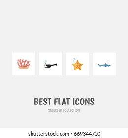 Flat Icon Marine Set Of Algae, Fish, Shark And Other Vector Objects. Also Includes Sea, Seaweed, Shark Elements.