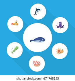 Flat Icon Marine Set Of Algae, Playful Fish, Periscope And Other Vector Objects. Also Includes Scallop, Fish, Cockleshell Elements.