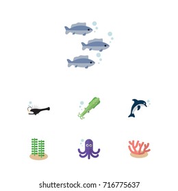 Flat Icon Marine Set Of Algae, Seaweed, Fish And Other Vector Objects. Also Includes Melanocetus, Tentacle, Seaweed Elements.
