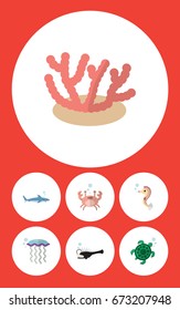 Flat Icon Marine Set Of Cancer, Fish, Shark And Other Vector Objects. Also Includes Horse, Seaweed, Jellyfish Elements.