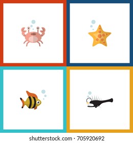 Flat Icon Marine Set Of Fish, Seafood, Cancer And Other Vector Objects. Also Includes Star, Lobster, Crab Elements.