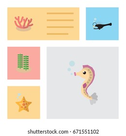 Flat Icon Marine Set Of Hippocampus, Fish, Sea Star And Other Vector Objects. Also Includes Spirulina, Algae, Coral Elements.