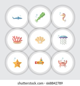 Flat Icon Marine Set Of Octopus, Algae, Conch And Other Vector Objects. Also Includes Seashell, Shark, Seaweed Elements.