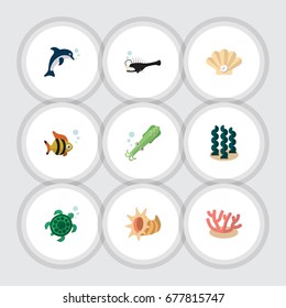 Flat Icon Marine Set Of Octopus, Algae, Playful Fish And Other Vector Objects. Also Includes Alga, Cockleshell, Scallop Elements.