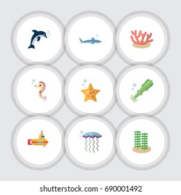 Flat Icon Marine Set Of Octopus, Algae, Periscope And Other Vector Objects. Also Includes Alga, Squid, Seaweed Elements.
