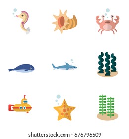 Flat Icon Marine Set Of Periscope, Cachalot, Shark And Other Vector Objects. Also Includes Alga, Submarine, Shark Elements.