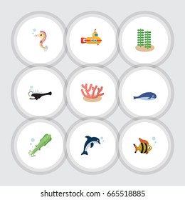 Flat Icon Marine Set Of Playful Fish, Periscope, Hippocampus And Other Vector Objects. Also Includes Algae, Hippocampus, Submarine Elements.