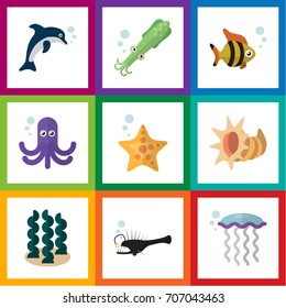 Flat Icon Marine Set Of Playful Fish, Octopus, Sea Star And Other Vector Objects. Also Includes Cockleshell, Starfish, Alga Elements.