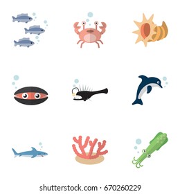 Flat Icon Marine Set Of Scallop, Playful Fish, Tuna And Other Vector Objects. Also Includes Angler, Melanocetus, Seashell Elements.