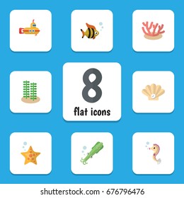 Flat Icon Marine Set Of Sea Star, Seafood, Periscope And Other Vector Objects. Also Includes Tuna, Seashell, Octopus Elements.