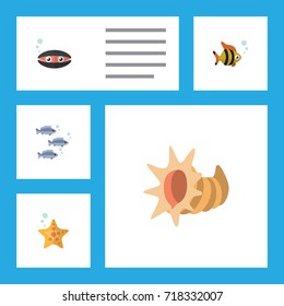 Flat Icon Marine Set Of Seafood, Scallop, Tuna And Other Vector Objects. Also Includes Fish, Cockleshell, Mollusk Elements.