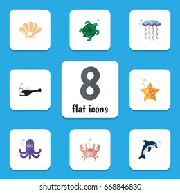 Flat Icon Marine Set Of Tentacle, Fish, Medusa And Other Vector Objects. Also Includes Medusa, Seashell, Conch Elements.