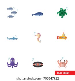 Flat Icon Marine Set Of Tentacle, Tortoise, Scallop And Other Vector Objects. Also Includes Squid, Lobster, Horse Elements.