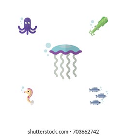 Flat Icon Marine Set Of Tentacle, Hippocampus, Tuna And Other Vector Objects. Also Includes Tentacle, Horse, Octopus Elements.