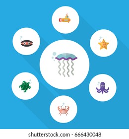 Flat Icon Marine Set Of Tortoise, Sea Star, Medusa And Other Vector Objects. Also Includes Tortoise, Medusa, Tentacle Elements.
