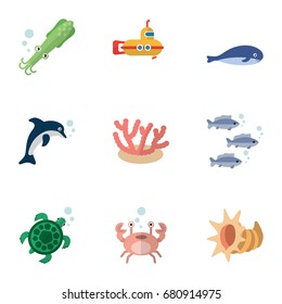 Flat Icon Marine Set Of Tortoise, Tuna, Cancer And Other Vector Objects. Also Includes Playful, Periscope, Tortoise Elements.