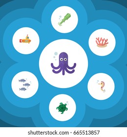 Flat Icon Marine Set Of Tuna, Octopus, Hippocampus And Other Vector Objects. Also Includes Algae, Hippocampus, Turtle Elements.