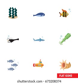 Flat Icon Marine Set Of Tuna, Alga, Periscope And Other Vector Objects. Also Includes Scallop, Underwater, Whale Elements.