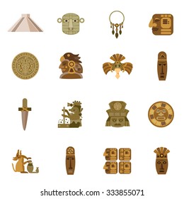 Flat Icon Maya Indian Tribal Religion Symbols Set Isolated Vector Illustration
