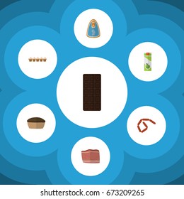 Flat Icon Meal Set Of Beef, Canned Chicken, Tart And Other Vector Objects. Also Includes Eggshell, Box, Pie Elements.