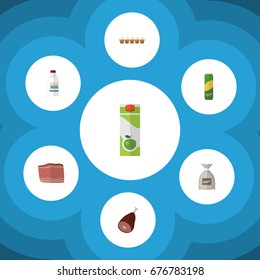 Flat Icon Meal Set Of Beef, Packet Beverage, Spaghetti And Other Vector Objects. Also Includes Milk, Eggshell, Beef Elements.