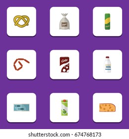 Flat Icon Meal Set Of Bottle, Packet Beverage, Spaghetti And Other Vector Objects. Also Includes Bag, Biscuit, Pretzel Elements.