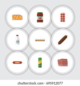 Flat Icon Meal Set Of Bottle, Ketchup, Smoked Sausage And Other Vector Objects. Also Includes Bratwurst, Egg, Spaghetti Elements.