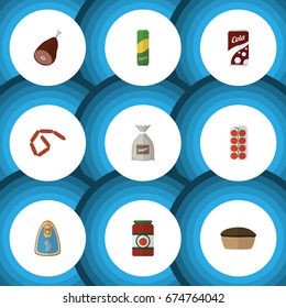 Flat Icon Meal Set Of Bratwurst, Sack, Spaghetti And Other Vector Objects. Also Includes Apple, Pie, Macaroni Elements.
