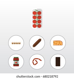 Flat Icon Meal Set Of Bratwurst, Eggshell Box, Ketchup And Other Vector Objects. Also Includes Eggshell, Love, Chocolate Elements.