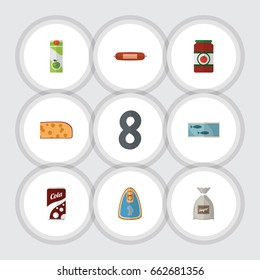Flat Icon Meal Set Of Canned Chicken, Tin Tuna, Packet Beverage And Other Vector Objects. Also Includes Juice, Cheese, Tuna Elements.