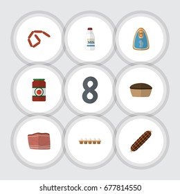 Flat Icon Meal Set Of Canned Chicken, Beef, Eggshell Box And Other Vector Objects. Also Includes Chicken, Sausage, Smoked Elements.