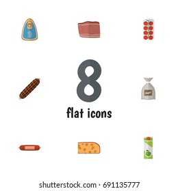 Flat Icon Meal Set Of Canned Chicken, Beef, Sack And Other Vector Objects. Also Includes Smoked, Meat, Kielbasa Elements.