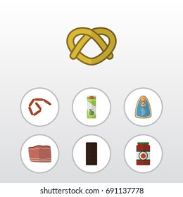 Flat Icon Meal Set Of Canned Chicken, Ketchup, Bratwurst And Other Vector Objects. Also Includes Biscuit, Tomato, Chicken Elements.