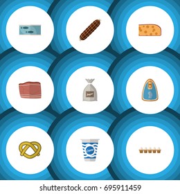 Flat Icon Meal Set Of Cheddar Slice, Tin Tuna, Yogurt And Other Vector Objects. Also Includes Box, Bag, Cream Elements.