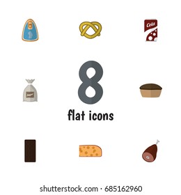 Flat Icon Meal Set Of Confection, Meat, Fizzy Drink And Other Vector Objects. Also Includes Pretzel, Pie, Chicken Elements.