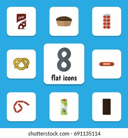 Flat Icon Meal Set Of Confection, Packet Beverage, Bratwurst And Other Vector Objects. Also Includes Cola, Pretzel, Frankfurt Elements.