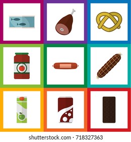 Flat Icon Meal Set Of Confection, Tin Tuna, Smoked Sausage And Other Vector Objects. Also Includes Meat, Bar, Tomato Elements.