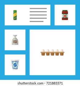 Flat Icon Meal Set Of Eggshell Box, Sack, Ketchup And Other Vector Objects. Also Includes Custard, Ketchup, Yogurt Elements.