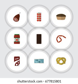 Flat Icon Meal Set Of Fizzy Drink, Bratwurst, Ketchup And Other Vector Objects. Also Includes Apple, Canned, Chocolate Elements.