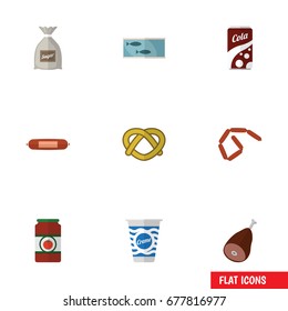 Flat Icon Meal Set Of Fizzy Drink, Yogurt, Meat And Other Vector Objects. Also Includes Bag, Cream, Cola Elements.